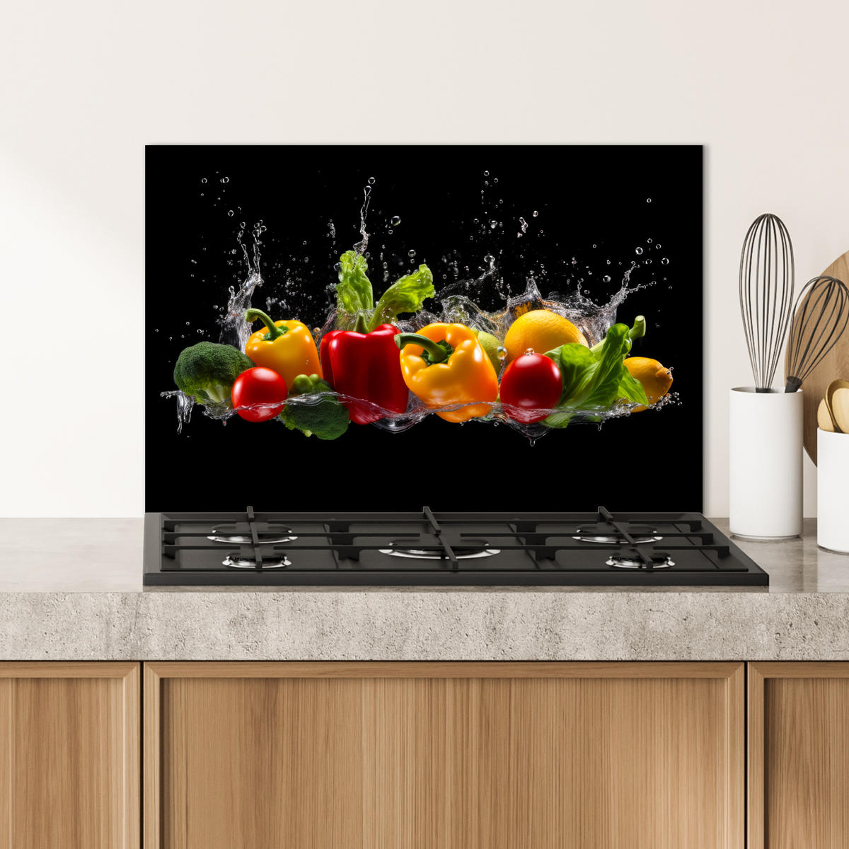SPRITZSCHUTZ KÜCHE Paprika - Wasser - Gemüse - Schwarz 60x40 cm - Multicolor, Metall (60/0.3/40cm) - MuchoWow