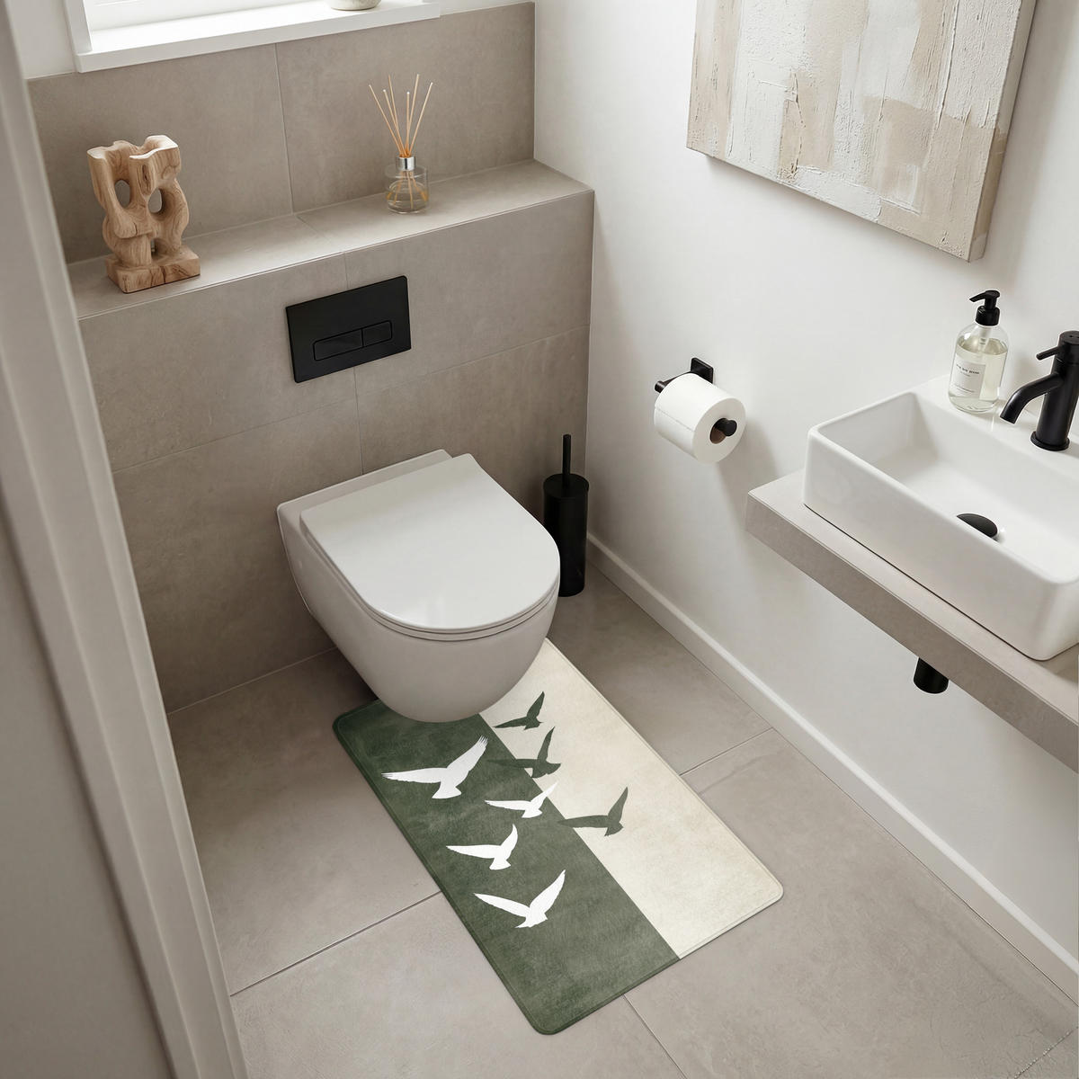 WC PŘEDLOŽKA Japandi - Pták - Zelený 50x80 cm - olivově zelená, textil/plast (50/1cm) - OnlyWow