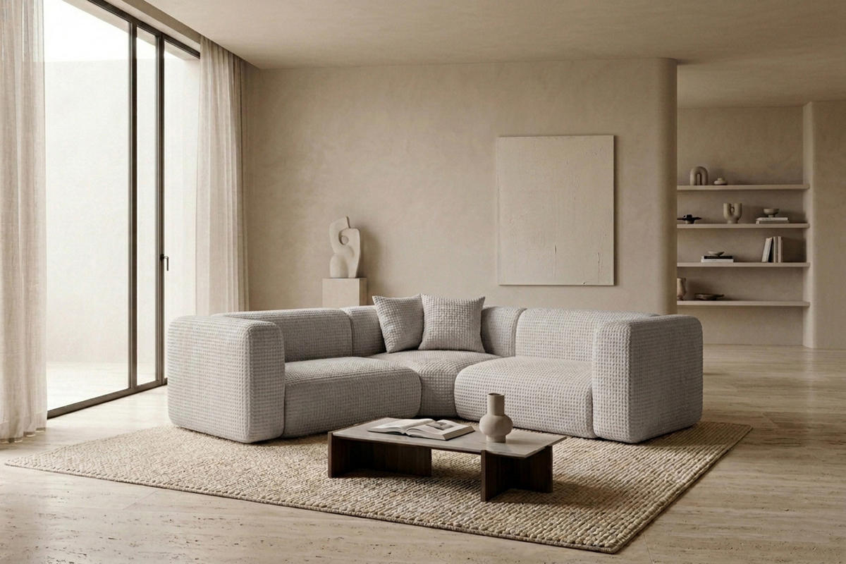 ECKSOFA Modulares, Corner mini, Chenille-Stoff Cremona, Hellgrau, GRETA - Hellgrau, Holz (380/190cm) - Kaiser Möbel