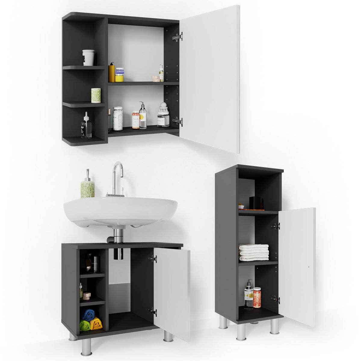 BADMÖBEL-SET Fynn Anthrazit 3 Teile, mit Midischrank - Weiß Hochglanz/Anthrazit, Holzwerkstoff (60/54/32cm) - Vicco