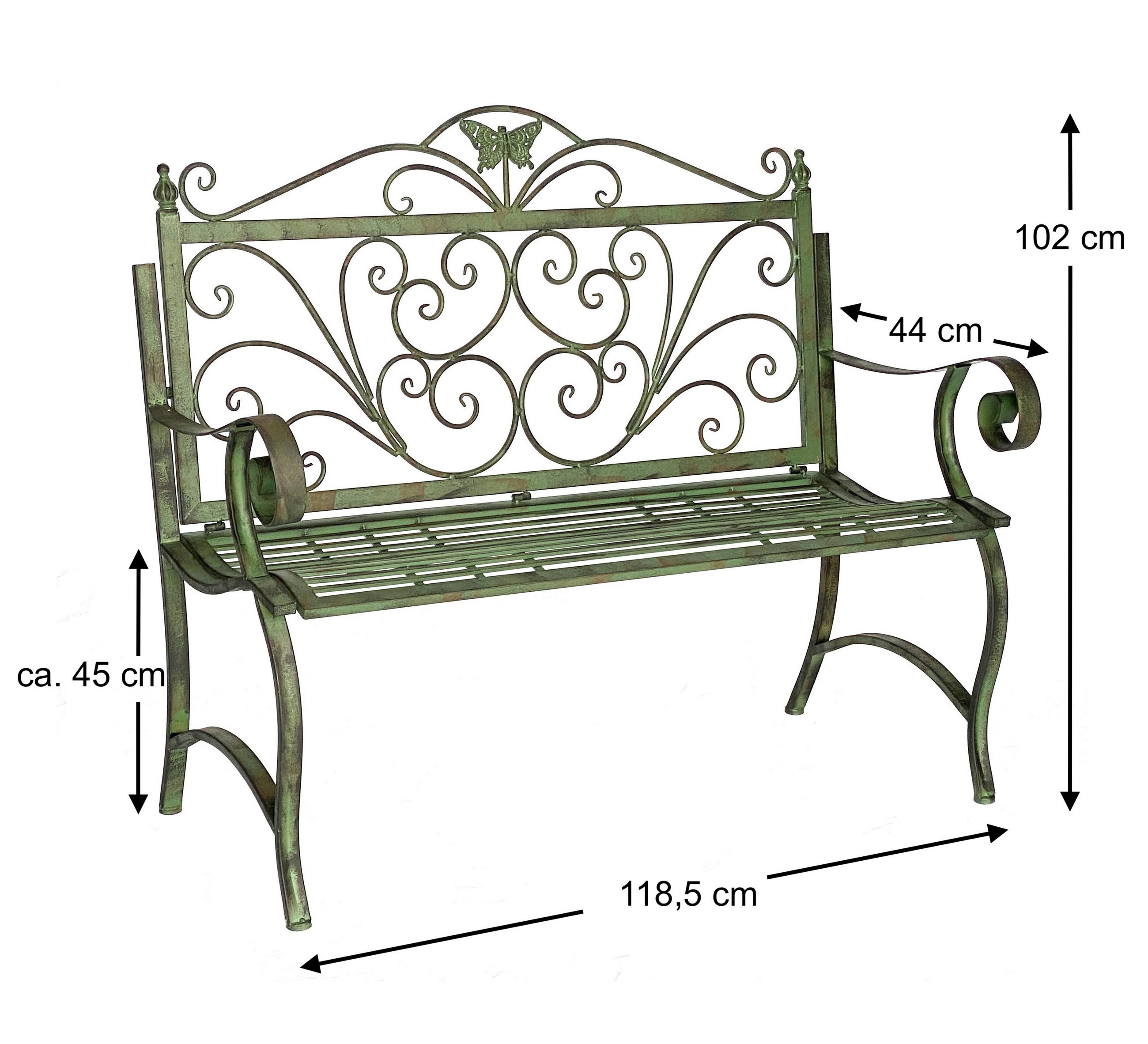 GARTENBANK 2 Sitzer Metall Grün 120 cm 96021 - Grün, Metall (118.5/102/52cm) - DanDiBo