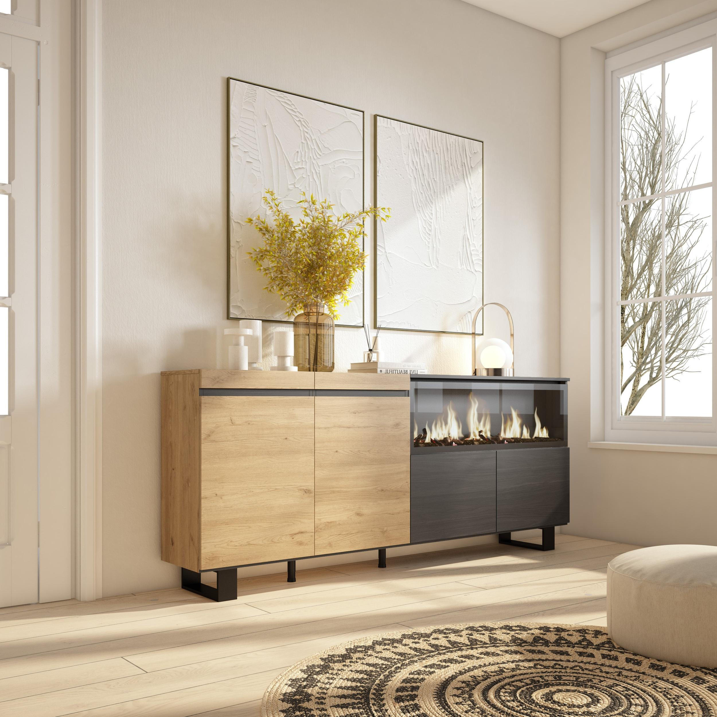 SIDEBOARD Highboard, Elektrokamin XXL, eiche, schwarz, 208/35/87cm - Eichefarben/Beige, Holzwerkstoff (208/87/35cm) - Skraut Home
