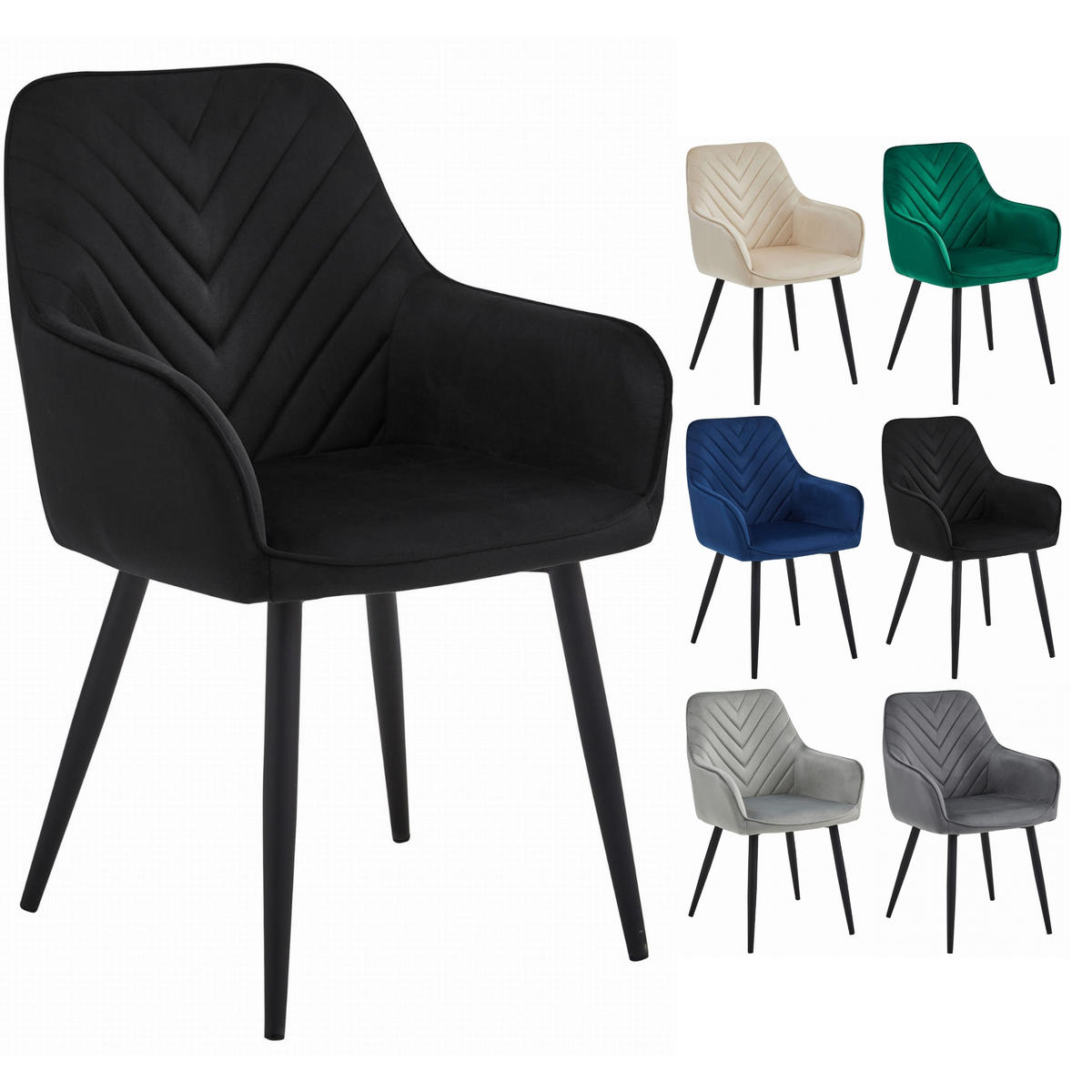 STUHL NEMI 4-er Set, Schwarz, Schwarz, mit Samtstoff gepolstert - Schwarz, Textil/Metall (54/84/61cm) - Komodee