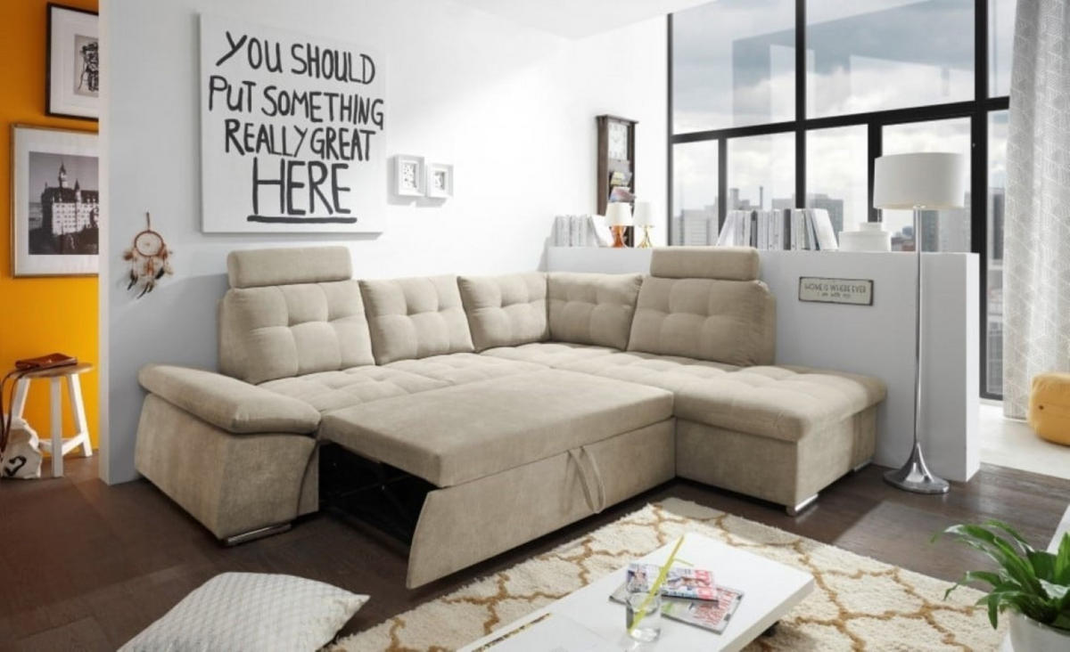ECKSOFA mit Schlaffunktion, Bettkasten und verstellbarer Armlehne - Chromfarben/Beige, Textil (219/260cm) - ed exciting design