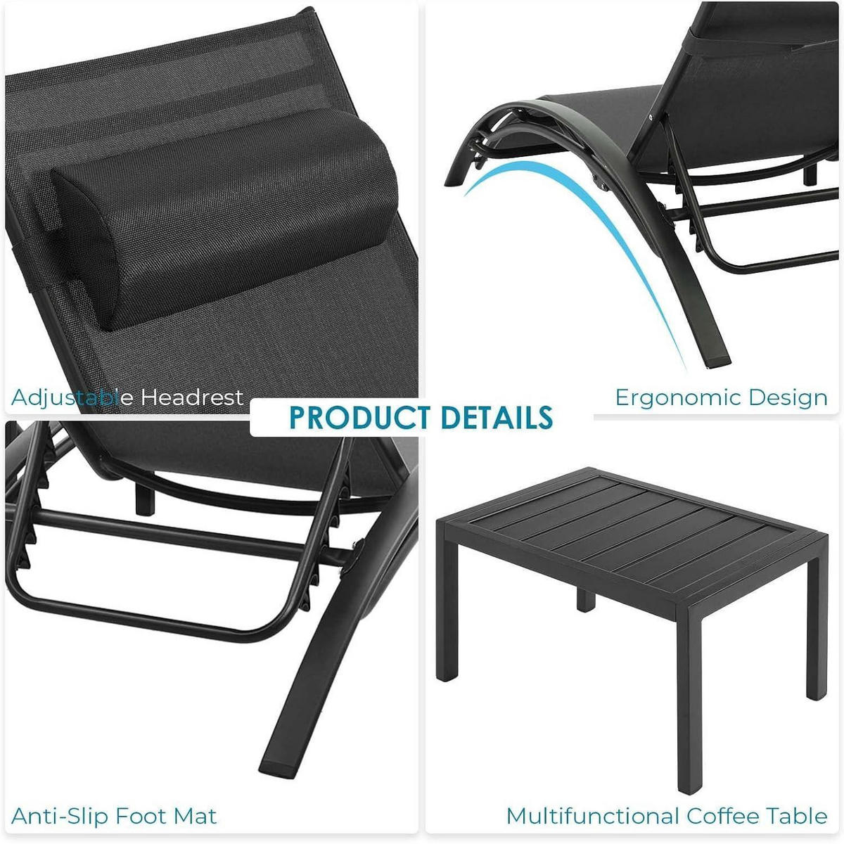 SONNENLIEGE 2er Set mit Beistelltisch Schwarz - Schwarz, Metall (64/83.5/153cm)