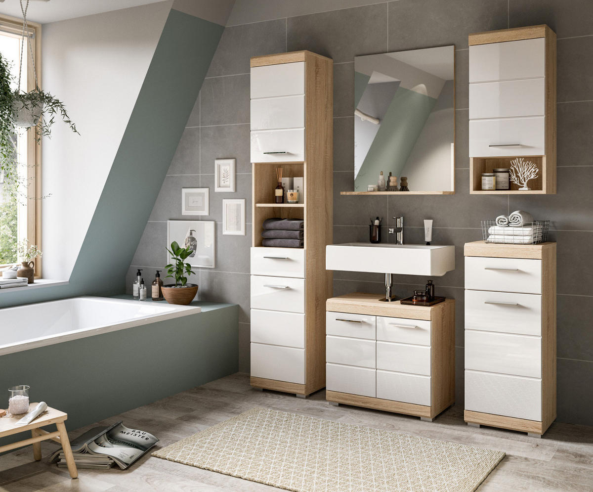 BADMÖBEL-SET weiß Hochglanz, Eiche 2-teilig 60 cm, Kombination mit Spiegel - Weiß Hochglanz/Eichefarben, Holzwerkstoff (60/191/34cm) - Inn.Furn