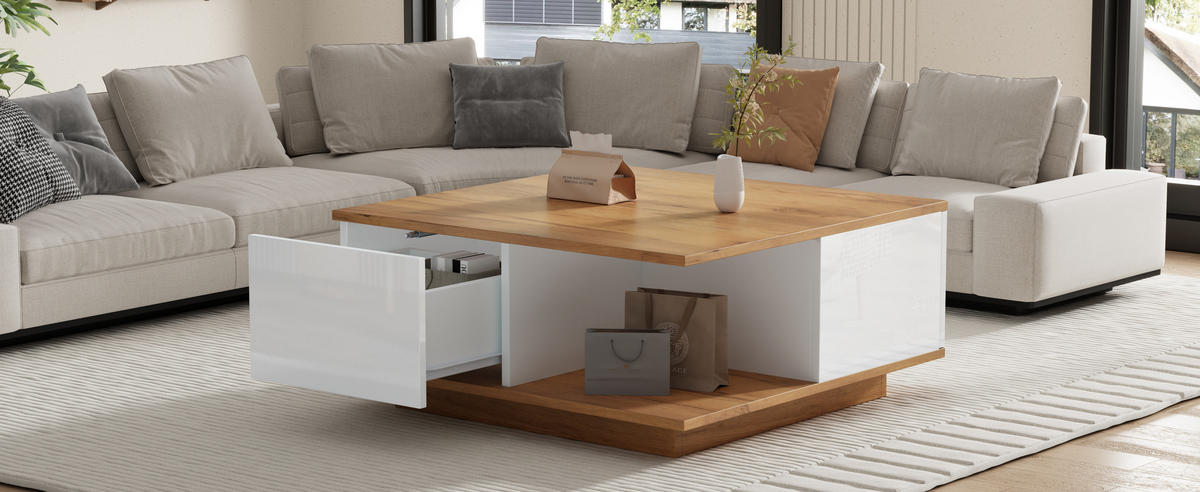 COUCHTISCH 70/70/31,5 cm Weiß walnussfarben aus Holzwerkstoff mit 3 Schubladen und Hochglanzfronten - Walnussfarben, Holzwerkstoff (70/70/31.5cm) - OKWISH