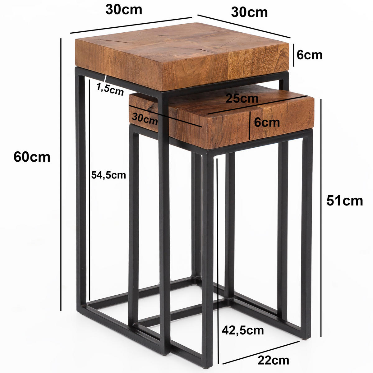 BEISTELLTISCH Set – 2-teilig Massivholz Metall handgefertigt Industrial - Schwarz/Braun, Holz/Metall (30/30/60cm) - KADIMA DESIGN