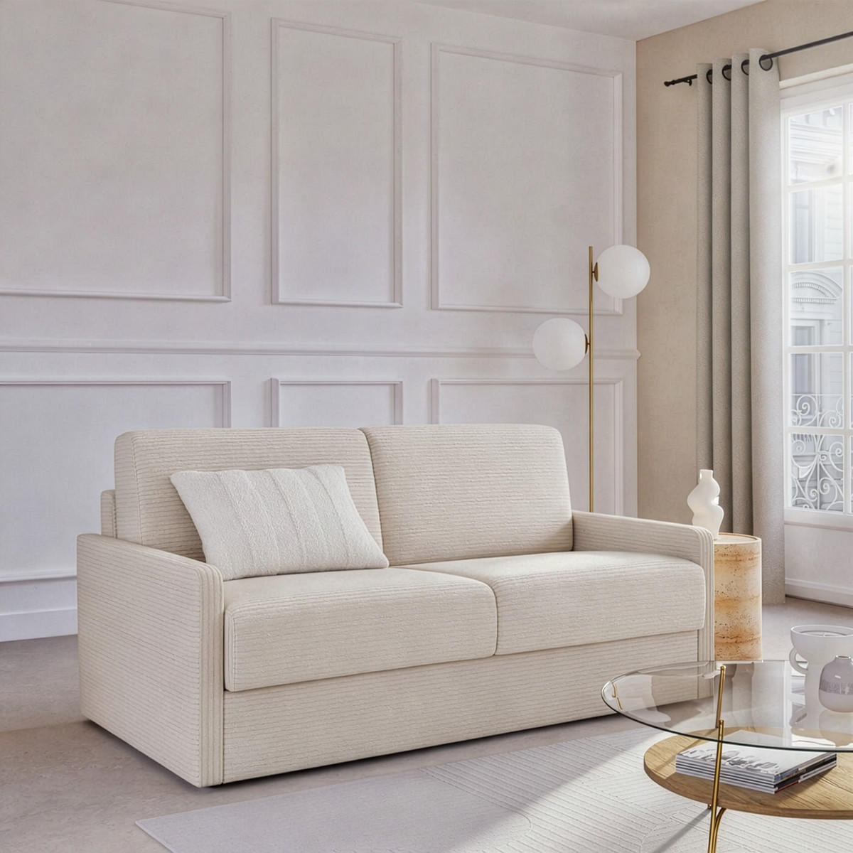 SCHLAFSOFA mit 3 Plätzen aus geripptem Samt, 175 cm lang - Ecru, Textil (100/87/175cm) - Calicosy