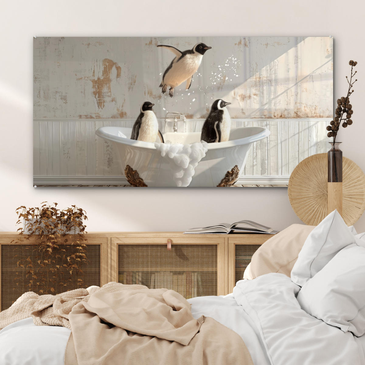 ACRYLGLASBILD Vintage - Pinguin - Badewanne - Schaumstoff 120x60 cm - Schwarz, Glas (120/60cm) - MuchoWow