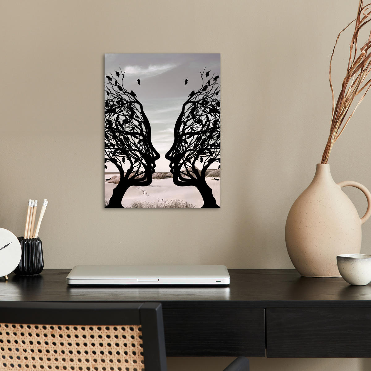 POSTER Strand - Meer - Menschen - Baum - Moderne Kunst 30x40 cm - Hellgrau, Papier (30/40/0.1cm) - MuchoWow