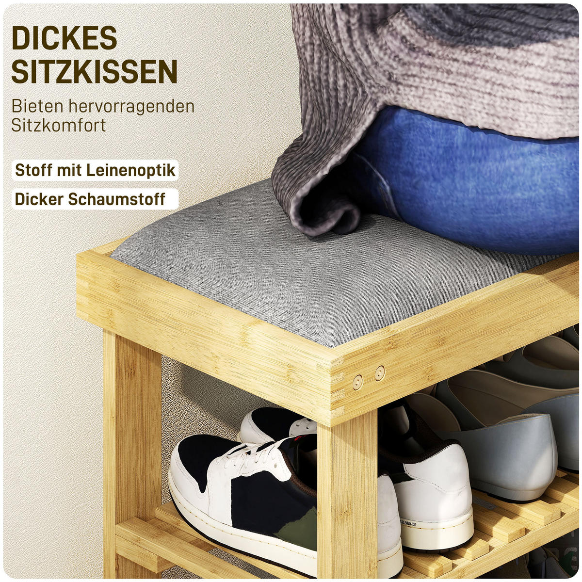 SCHUHBANK Grau, Natur 60/29/49 cm - Naturfarben/Grau, Textil (29/49/60cm) - HOMCOM