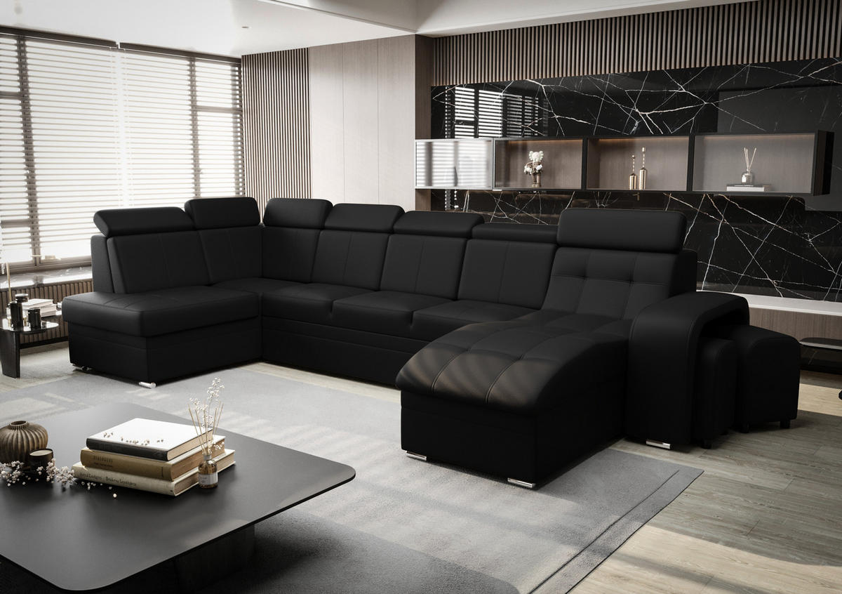 WOHNLANDSCHAFT KONGO RBN13, Eckcouch in U-Form mit Schlaffunktion, Farbe: Schwarz, Kunstleder, Ottomane Rechts - Schwarz, Textil (392/108/180cm) - O-Sofa