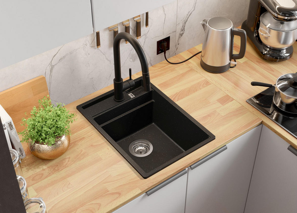 SPÜLBECKEN Oslo Pocket, 2-er set Schwarz Metallic 38/53 cm 1 Becken + Ablauf-Set + Küchenzubehörset ab 40er Unterschrank - Chromfarben/Schwarz Hochglanz, Kunststoff (38/20/53cm) - Primagran