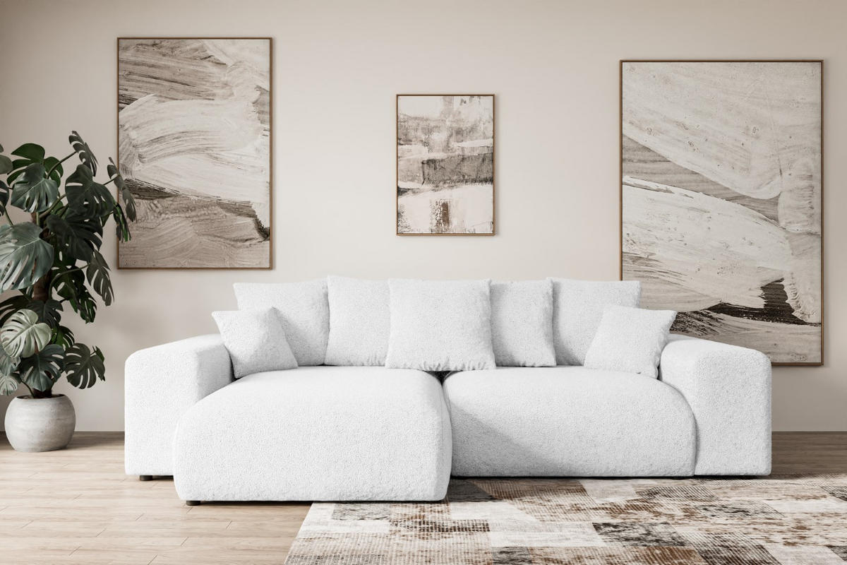 ECKSOFA mit Schlaffunktion und Bettkasten ESKAR-L 256x165x84cm Weiß Bouclé - Schwarz/Weiß, Holzwerkstoff/Kunststoff (165/256cm) - ALTDECOR