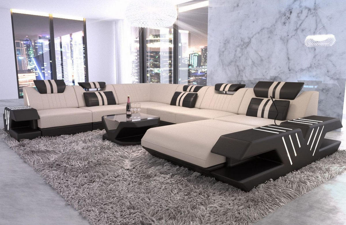 WOHNLANDSCHAFT Venedig Elfenbein Schwarz Mikrofaserstoff - Creme, Kunststoff (373/80/288cm)