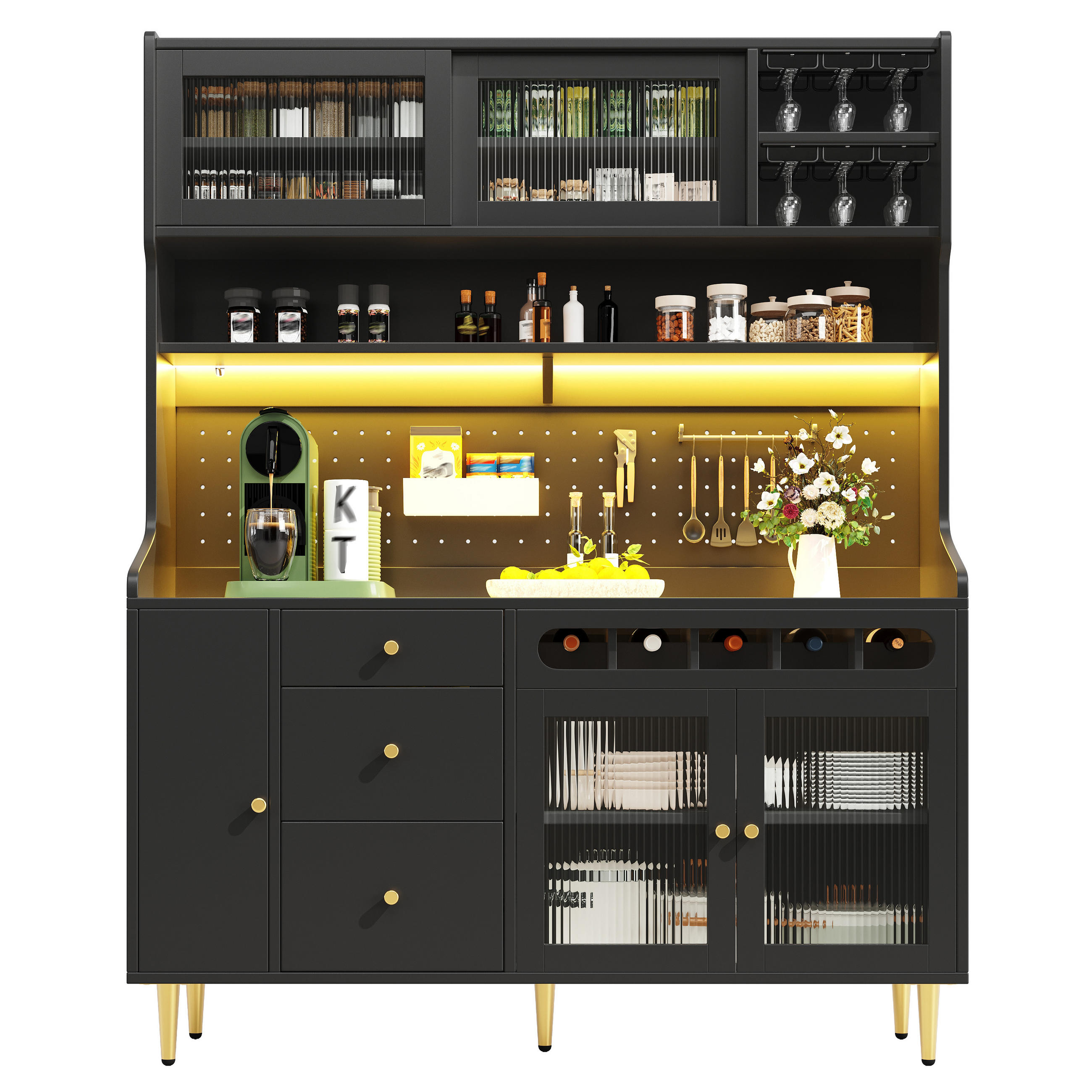 KÜCHENSCHRANK in Schwarz mit LED, verstellbaren Böden, Schublade und Weinregal für Esszimmer,B145/T39/H171cm - Goldfarben/Schwarz, Glas/Holzwerkstoff (145/171/39cm) - STILVORA