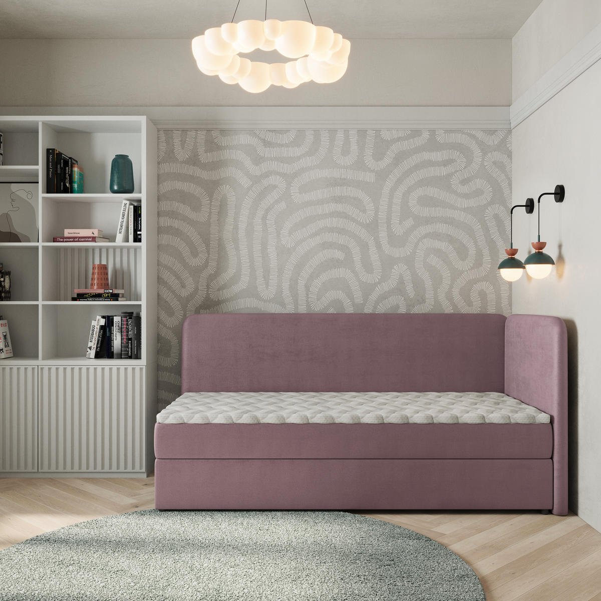 BOXBETT GINA 90x200 cm mit Matratze und Topper, H2+H3 - Rosa - Rosa, Holz (90/200cm) - MASSENO