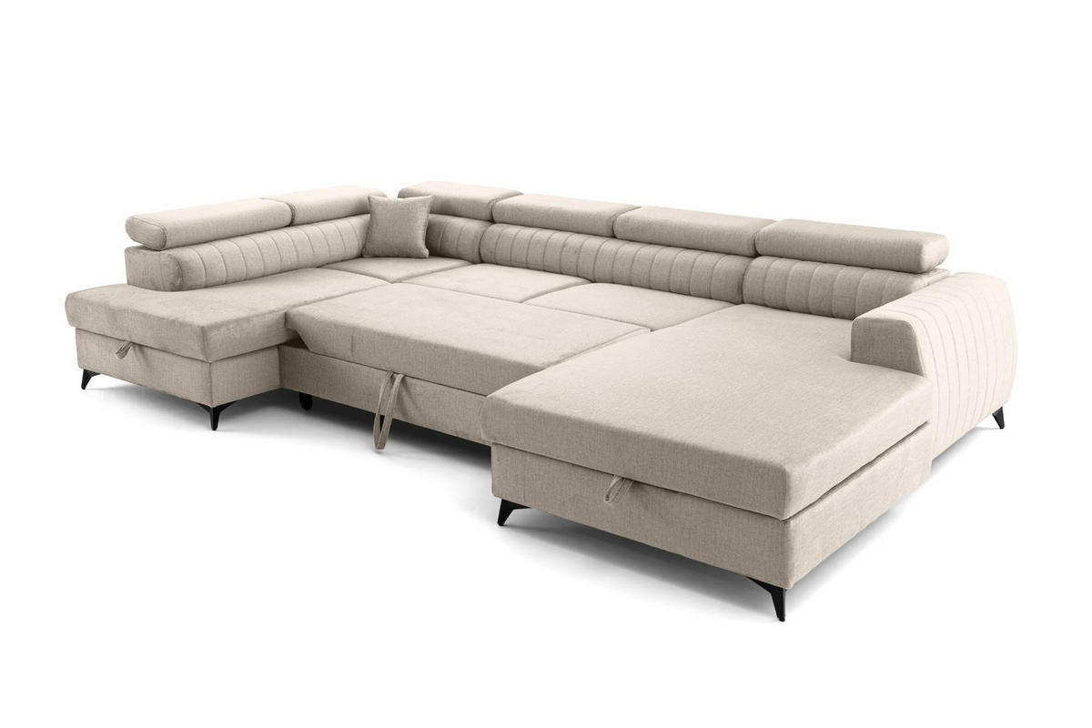 ECKSOFA U-Form PIERO U Links mit Schlaffunktion 125x260 Velours Creme - Creme/Schwarz, Holz/Textil (350/90/203cm) - Muffo