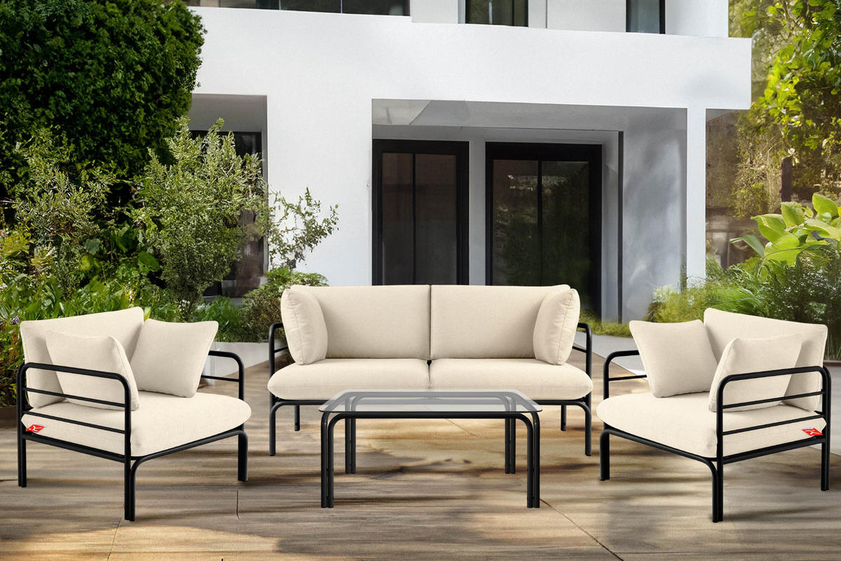 GARTENSOFA RAMBE 2-Personen mit Kissen, Anthrazit/Cremeweiß - Dunkelgrau/Creme, Textil/Metall (150/80/80cm) - KONSIMO®