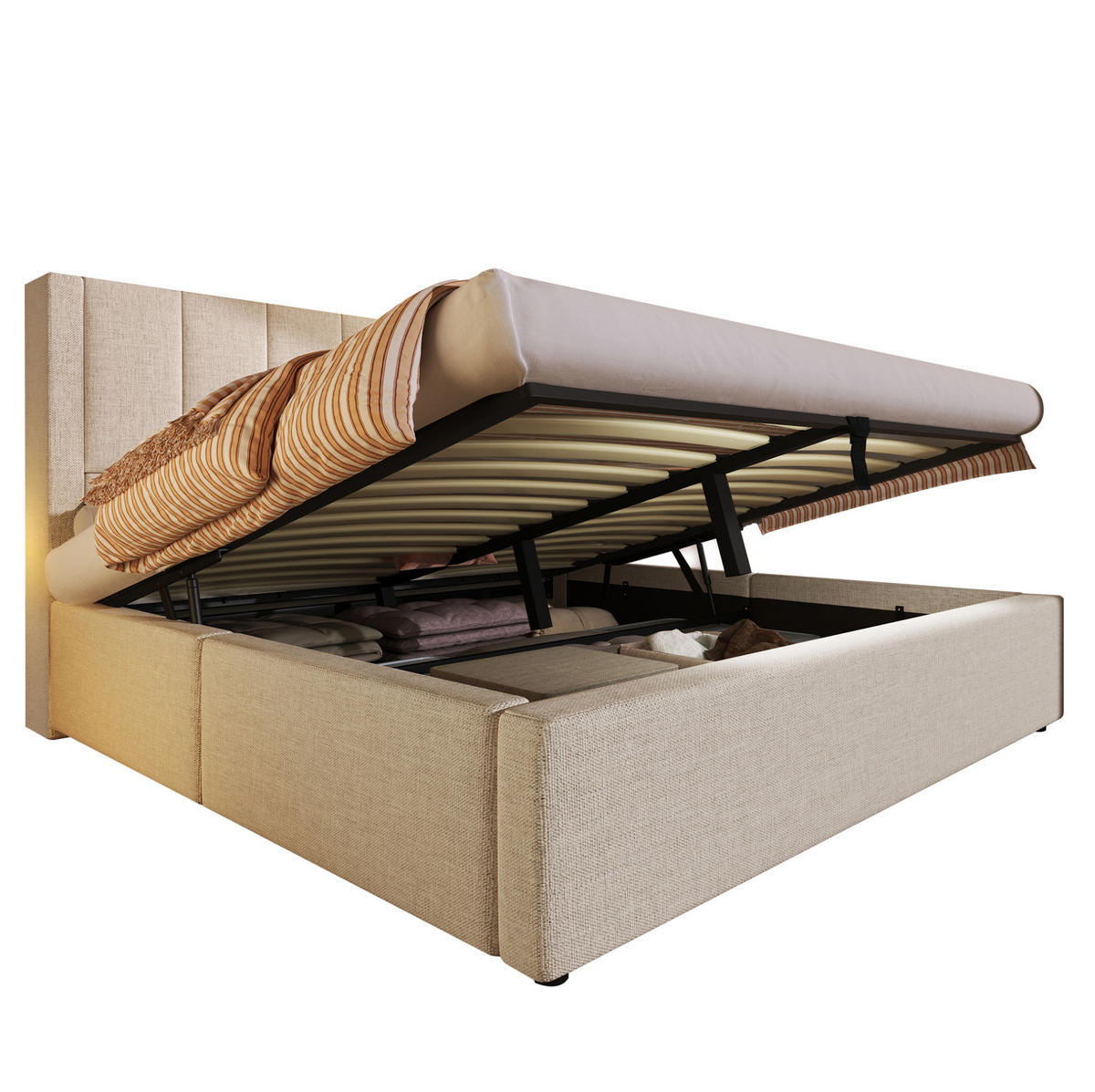 POLSTERBETT mit Stauraum und Ladestation 160x200 cm Leinen Beige mit Matratze - Beige, Metall (160/200cm) - Beauniv