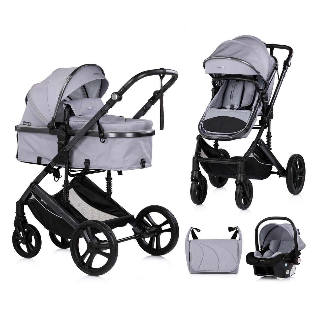 KOMBIKINDERWAGEN Amore 3 in 1 hellgrau Babyschale Adapter Wickeltasche Fußabdeckung - Schwarz, Metall (95/63/105cm) - Chipolino