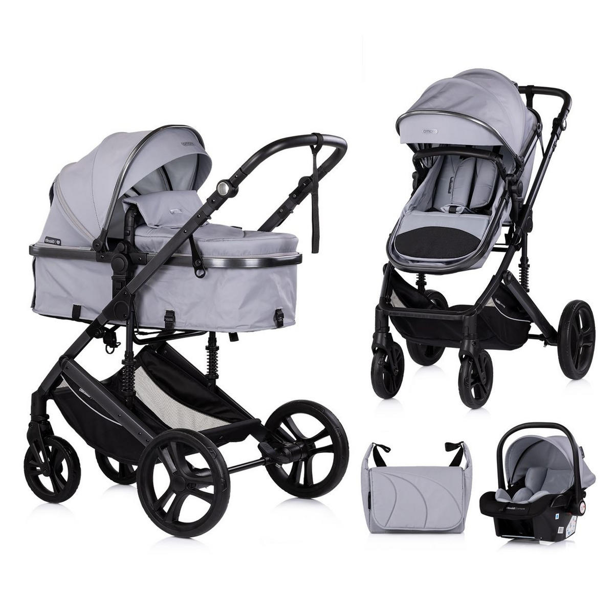 KOMBIKINDERWAGEN Amore 3 in 1 hellgrau Babyschale Adapter Wickeltasche Fußabdeckung - Schwarz, Metall (95/63/105cm) - Chipolino