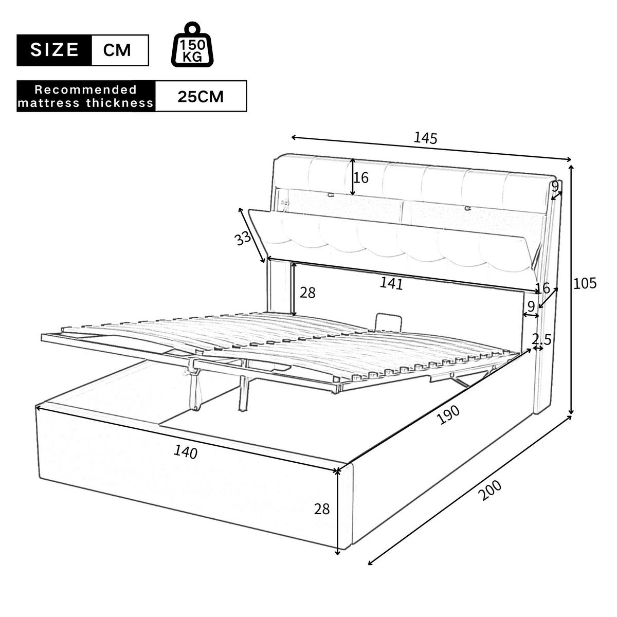 POLSTERBETT 140/190 cm Weiß mit Stauraum und hydraulischem Bettkasten - Weiß, Kunststoff (140/200cm) - OKWISH