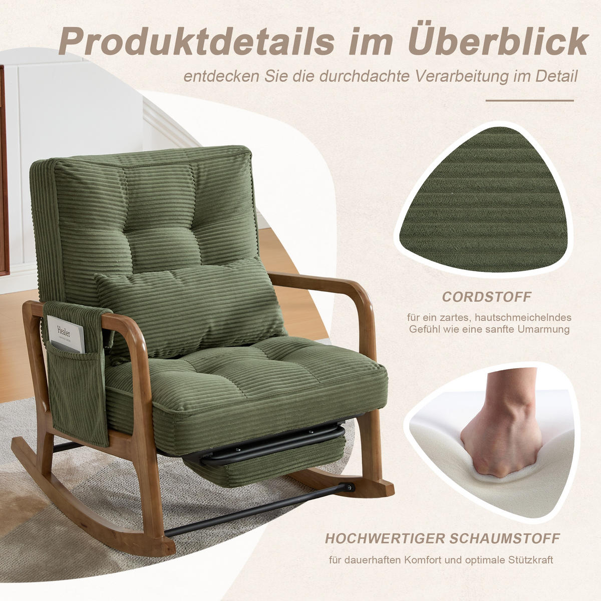 SCHAUKELSTUHL Grün Cord mit Fußstütze, Seitentaschen und verstellbarer Lehne - Grün, Textil (80/92/70cm) - Oxeza