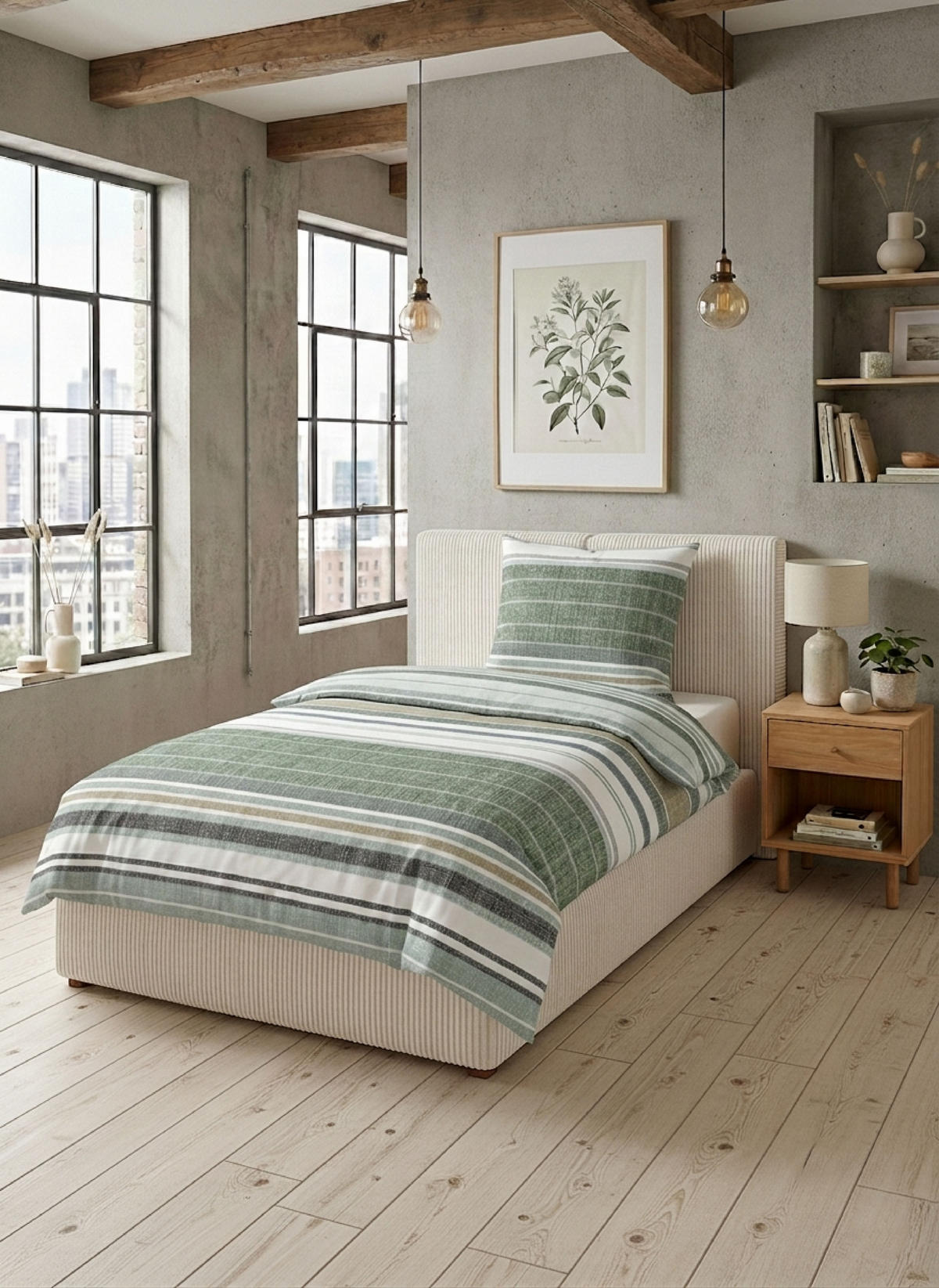 BETTWÄSCHE-GARNITUR Premium Satin Querstreifen salbei, 135x200 cm + 80x80 cm - Salbeigrün, Textil (135/200cm) - biberna