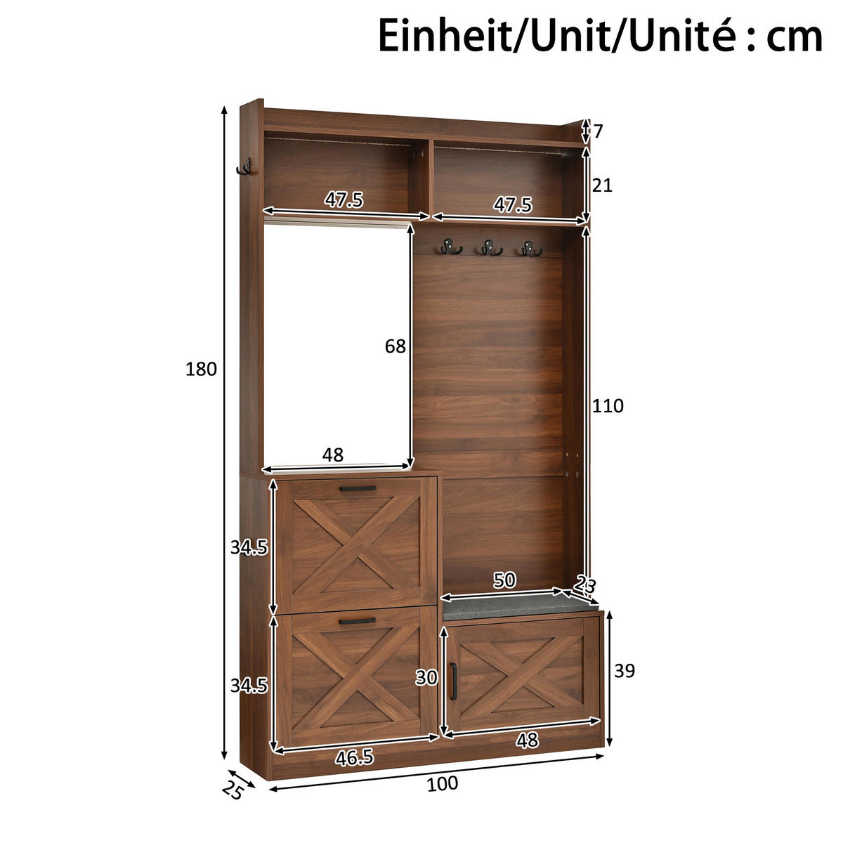 GARDEROBE Schuhschrank Spiegel LED App PB MDF - Walnussfarben, Holzwerkstoff (100/180/25cm) - FLIEKS