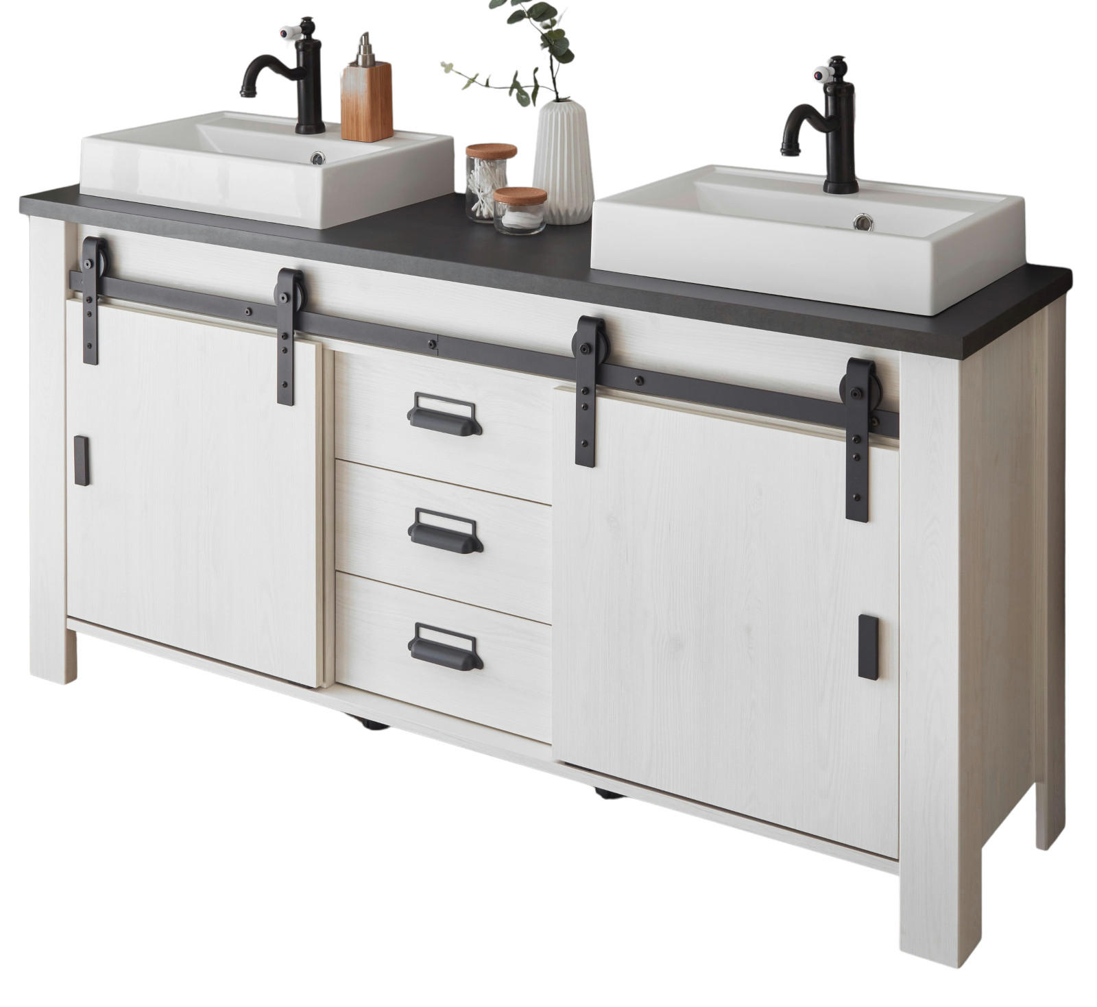 DOPPELWASCHTISCH weiß Pinie, anthrazit Landhaus, Waschtisch- Set inkl. 2 x Waschbecken - Anthrazit/Weiß, Holzwerkstoff/Metall (164/81/43cm) - Furn.Design