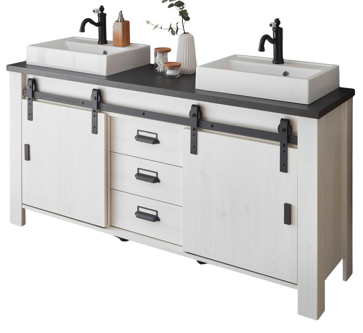 DOPPELWASCHTISCH weiß Pinie, anthrazit Landhaus, Waschtisch- Set inkl. 2 x Waschbecken - Anthrazit/Weiß, Holzwerkstoff/Metall (164/81/43cm) - Furn.Design