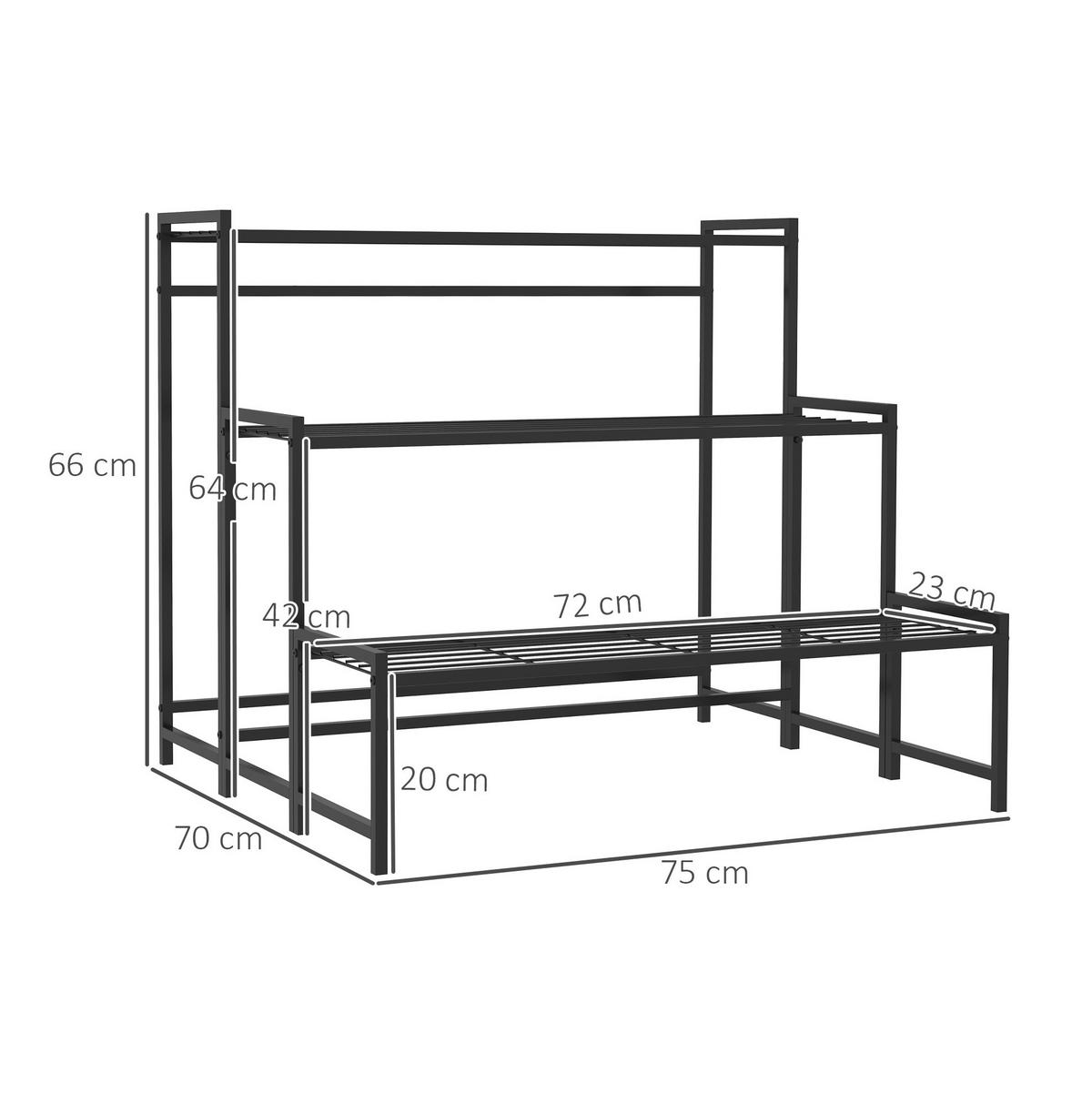 GARTENREGAL aus Metall 75x70x66 cm in Schwarz mit 3 Ebenen - Schwarz, Metall (70/66/75cm) - Modfu