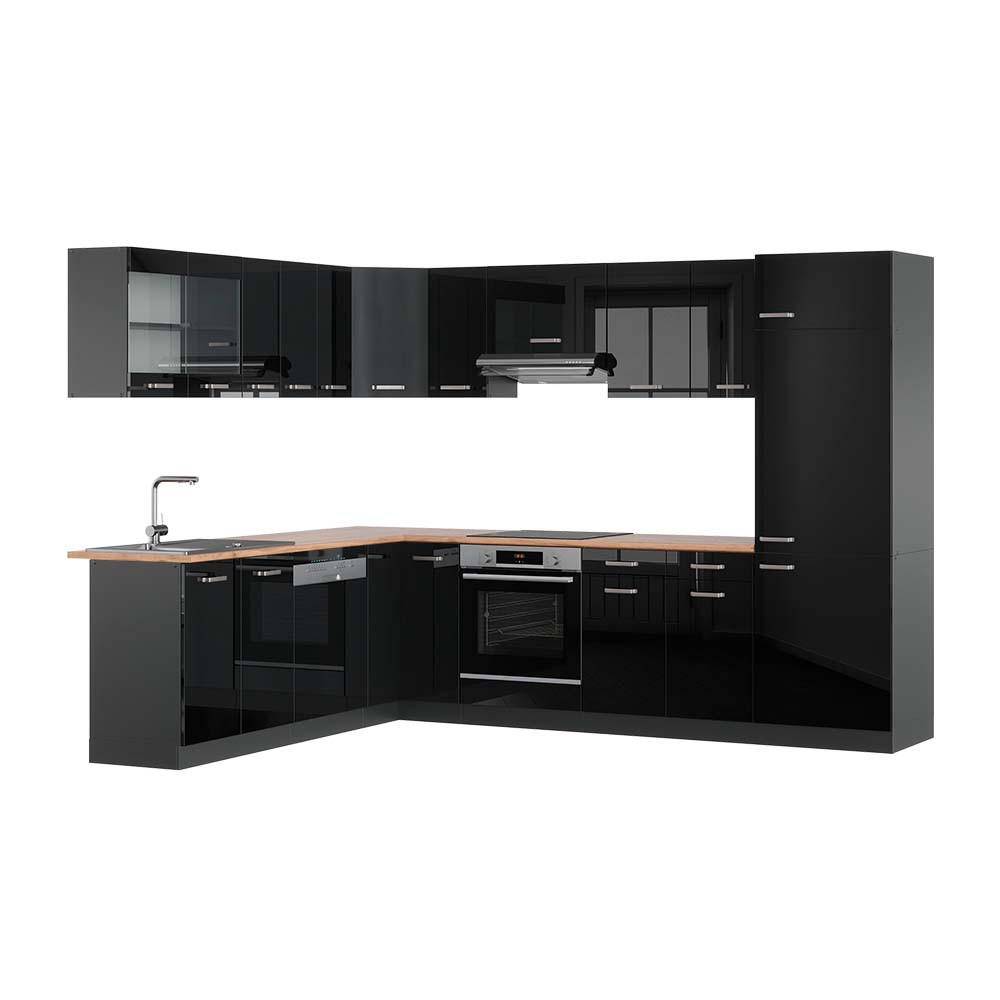 ECKKÜCHE R-Line Schwarz Hochglanz/Anthrazit 227 x 287 cm, AP Eiche - Schwarz Hochglanz/Anthrazit, Holzwerkstoff (287/81.6/60cm) - Vicco