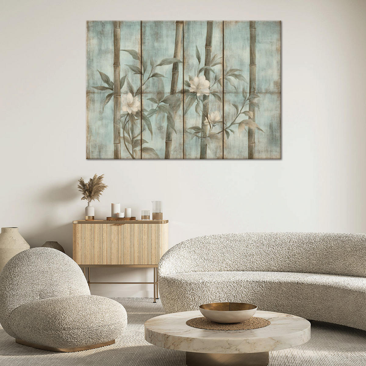 WANDBILD bambussprossen mit blumen auf einem strukturierten hintergrund - Blau, Textil (60/40cm) - Feeby