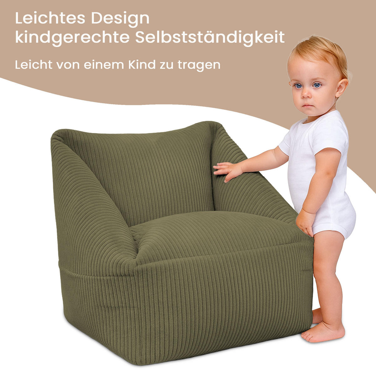 SITZSACK-SESSEL Bambino 55/60/55 cm, weicher Cord 380 g/m², mit Griff & Seitentasche, Olivgrün - Olivgrün, Textil (55/55/60cm) - Dreamroots
