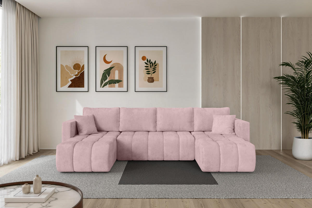 SEDACÍ SOUPRAVA DO U s funkcí spaní a úložným prostorem GARD-U 300x146x85 růžová manšestr - růžová/černá, kompozitní dřevo/textil (300/85/146cm) - ALTDECOR