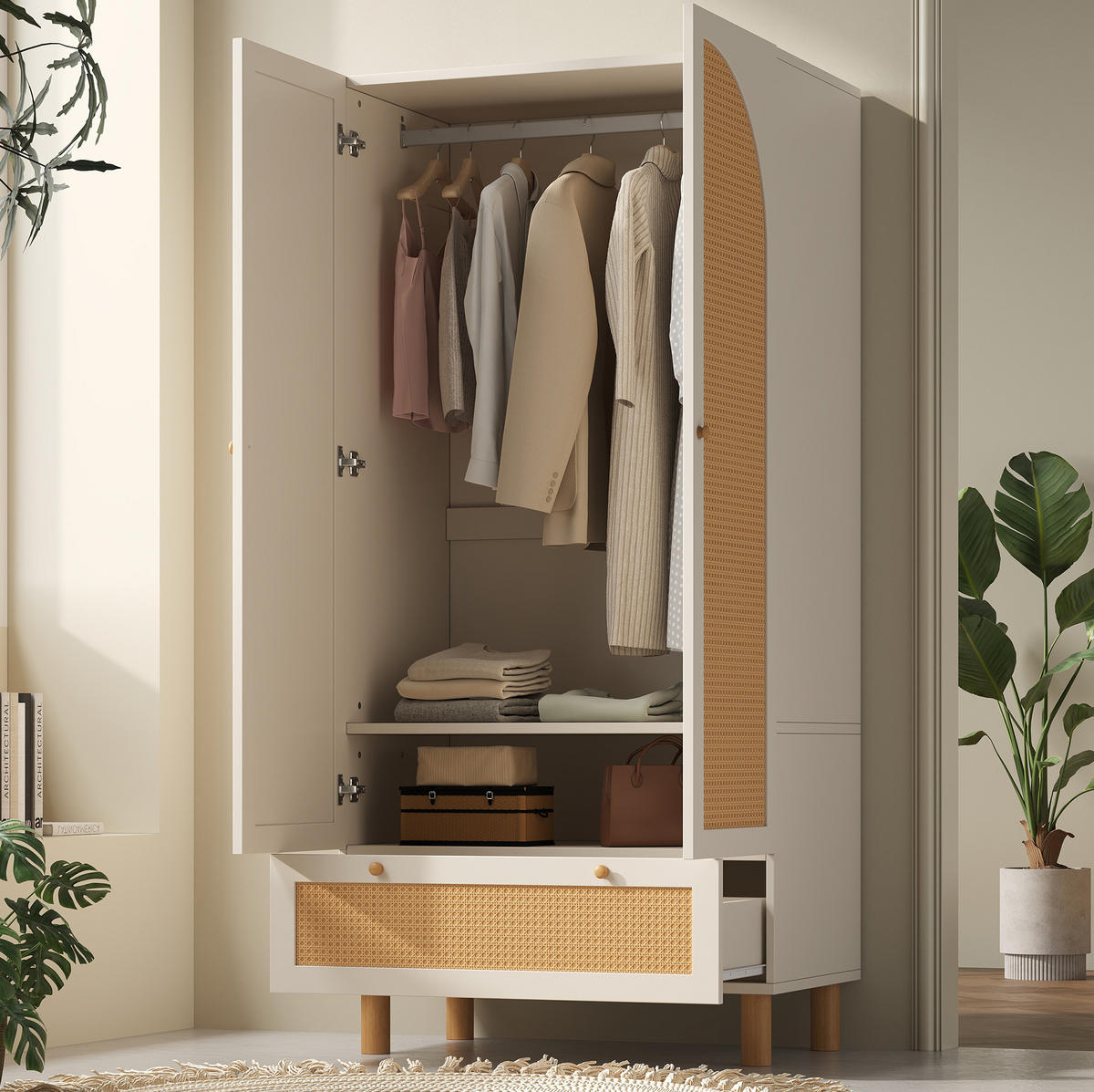 KLEIDERSCHRANK aus Holz 52x85,5x180,5 cm Weiß mit Rattan, Kleiderstange, verstellbaren Regalböden und Schublade - Weiß, Holzwerkstoff (85.5/180.5/52cm) - Modfu