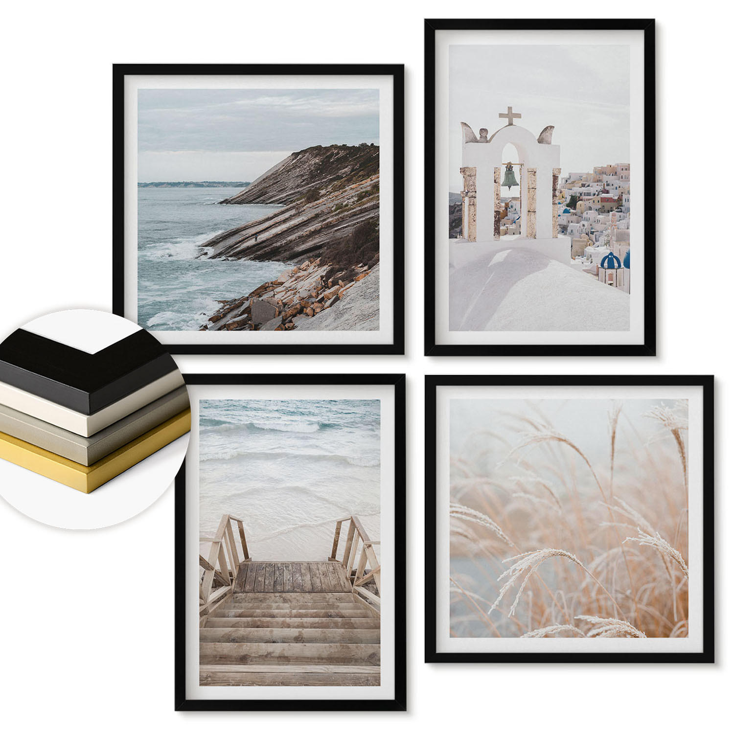 WANDBILDER 4er-Set - 50x50 cm & 40x60 cm Schwarzer Rahmen - Meeresarchitektur Santorin - Schwarz, Kunststoff (50/50cm) - ArtPrintCave