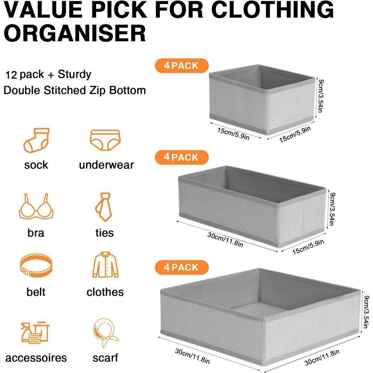SCHUBLADEN Organizer 12-teiliges Set Grau Meliert - Multicolor, Textil (15/9/30cm)