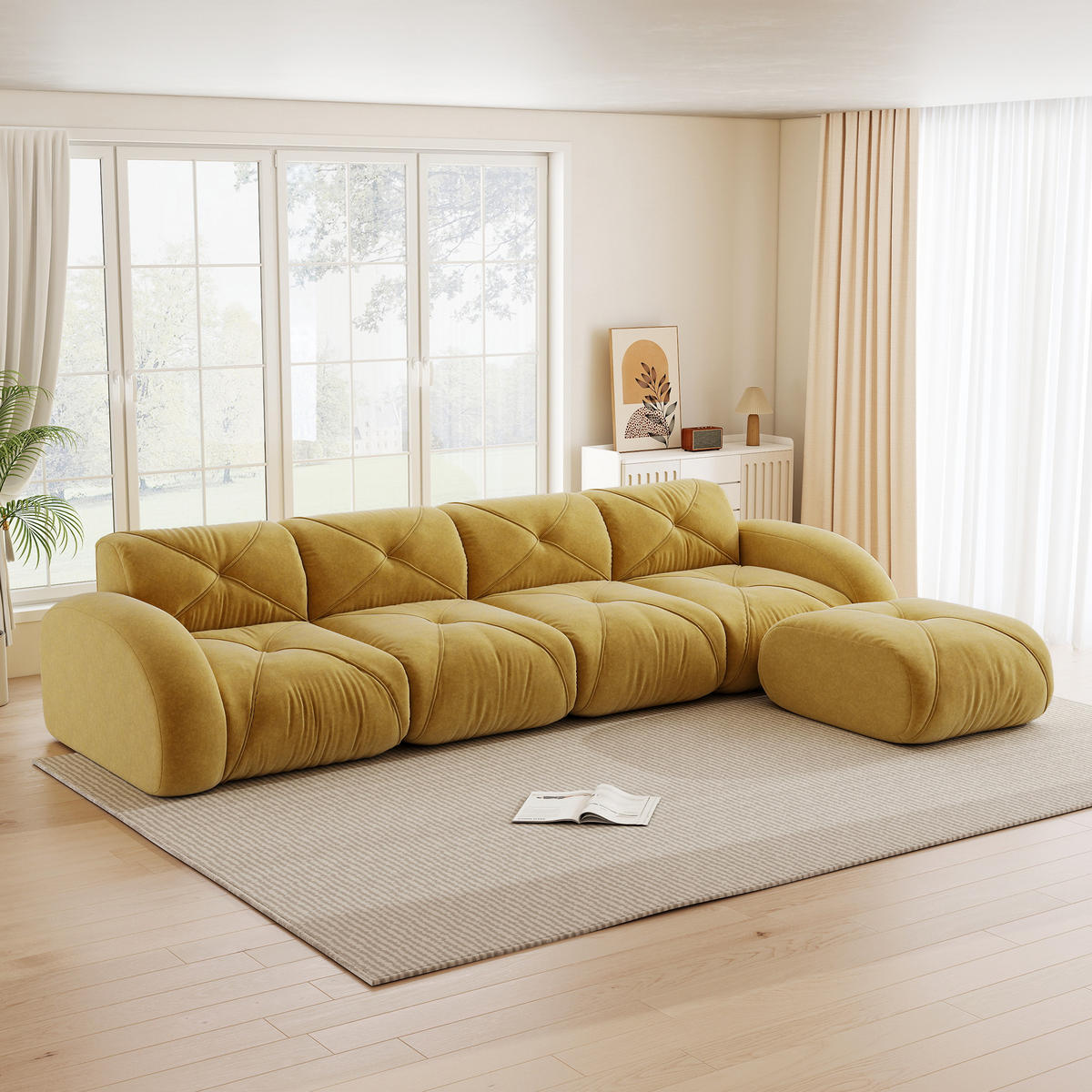 4-SITZER Sofa 358x171x76 cm Chenille Stoff rahmenlos modular mit Hockern, gelb - Gelb, Textil (171/76/358cm)