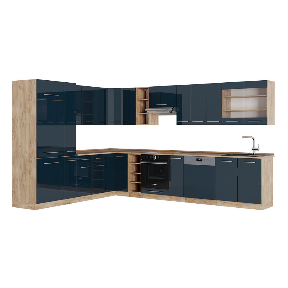 ECKKÜCHE Fame-Line Dunkelblau Hochglanz/Goldkraft Eiche 257 x 60 cm ohne AP - Eiche Wotan/Dunkelblau, Holzwerkstoff (347/81.6/46cm) - Vicco
