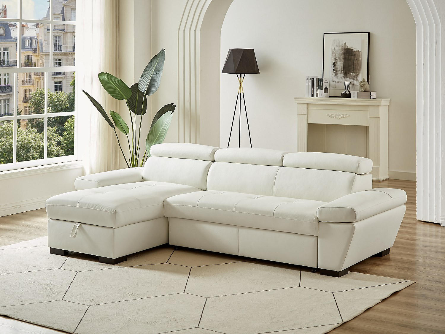 Thumbnail - Vente-Unique Ecksofa, Weiß, Leder, Uni, 4-Sitzer, 256x154 cm, Wohnzimmer, Sofas & Couches, Wohnlandschaften, Ecksofas