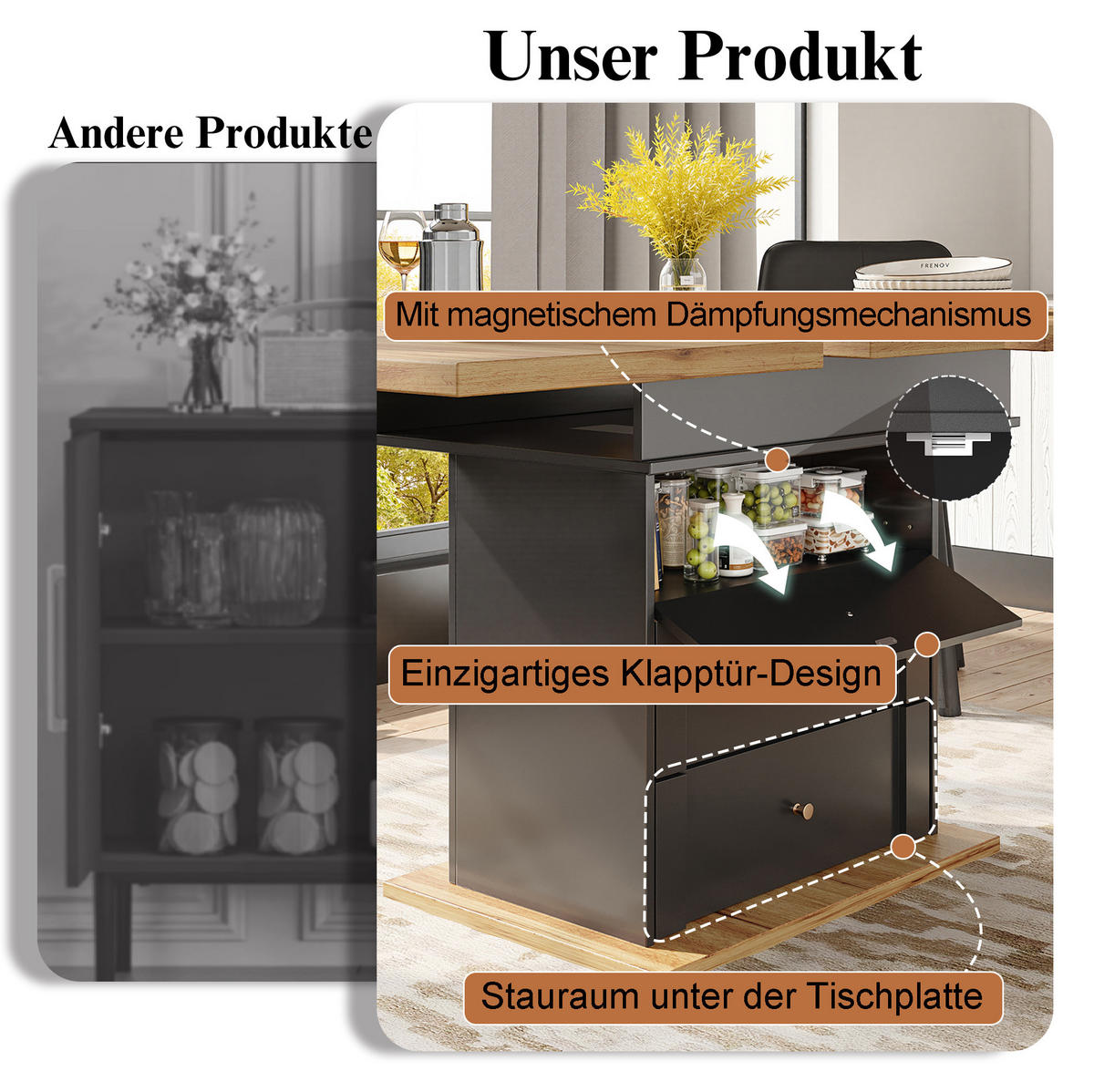 JÍDELNÍ stůl 110-140/80/75 cm černá/přírodní z MDF s rozkládací deskou a úložným prostorem - černá, kompozitní dřevo (110/80/75cm) - OKWISH