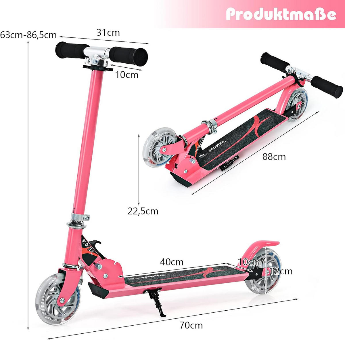 SCOOTER 85cm Pink - Pink, Metall (10/85/70cm) - COSTWAY