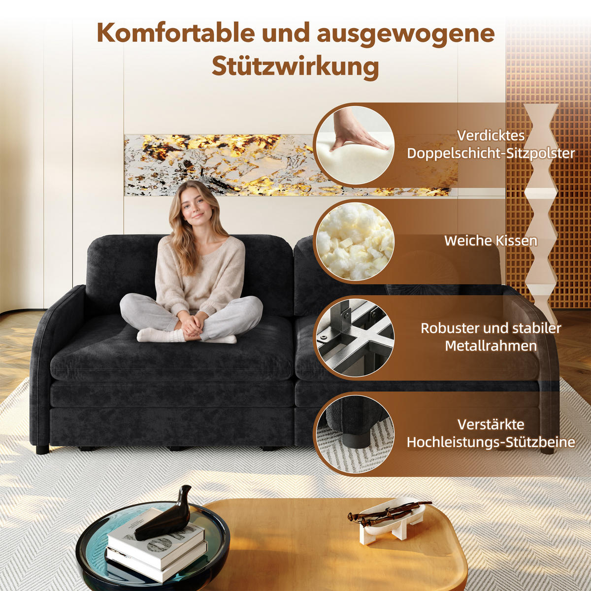 SCHLAFSOFA 3-in-1 ausziehbar 206 cm mit Stautaschen, DE-42862, Schwarz - Schwarz, Metall (206/90/84cm) - ComfortXL