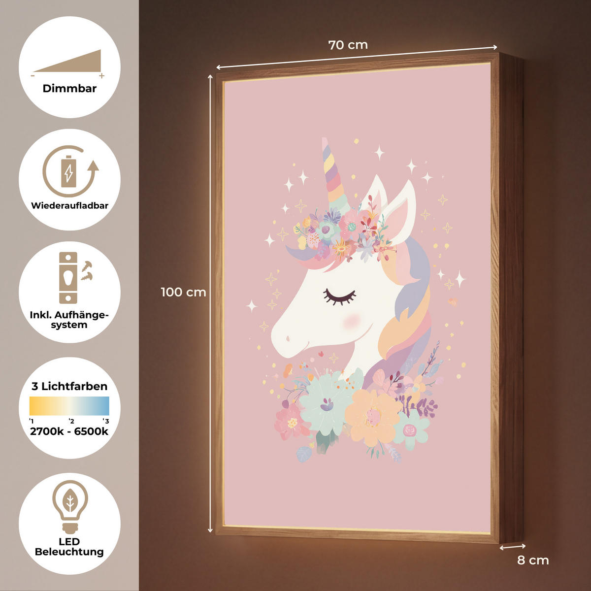 DOBÍJECÍ NOČNÍ LAMPIČKA Jednorožec - růžová - květiny 70x100 cm - růžová, kompozitní dřevo (8/70/100cm) - OnlyWow
