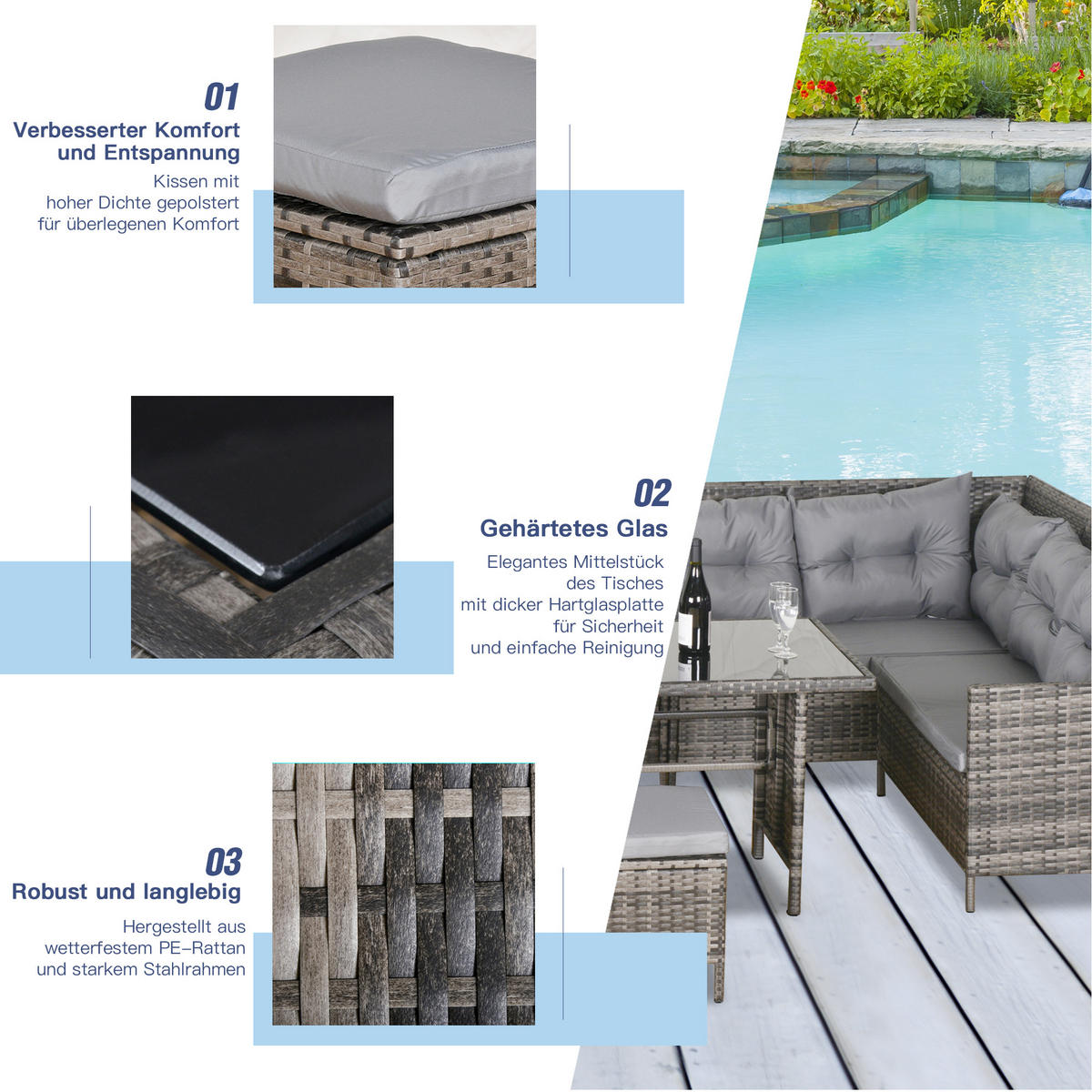 GARTENSET Lounge, Polyrattan, Grau - Grau, Kunststoff - Outsunny