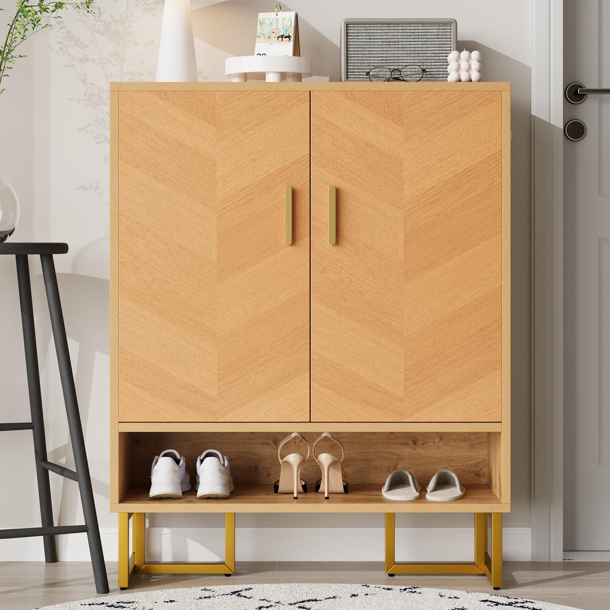 SCHUHSCHRANK 2 Türen Holzoptik Goldrahmen - Naturfarben, Holz (80/100/38cm) - LEBENLANG